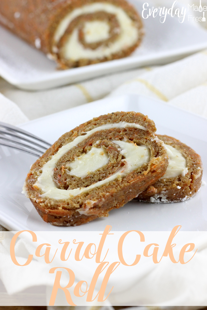 Sweetened cream cheese fills this ever so simple to make Carrot Cake Roll! | EverydayMadeFresh.com
