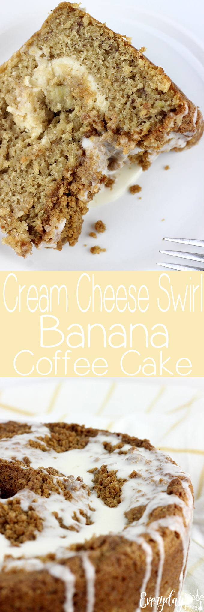 This moist Cream Cheese Swirl Banana Coffee Cake is the perfect way to use up those over ripe bananas. It's topped with a buttery streusel and drizzled with very vanilla drizzle.  | EverydayMadeFresh.com