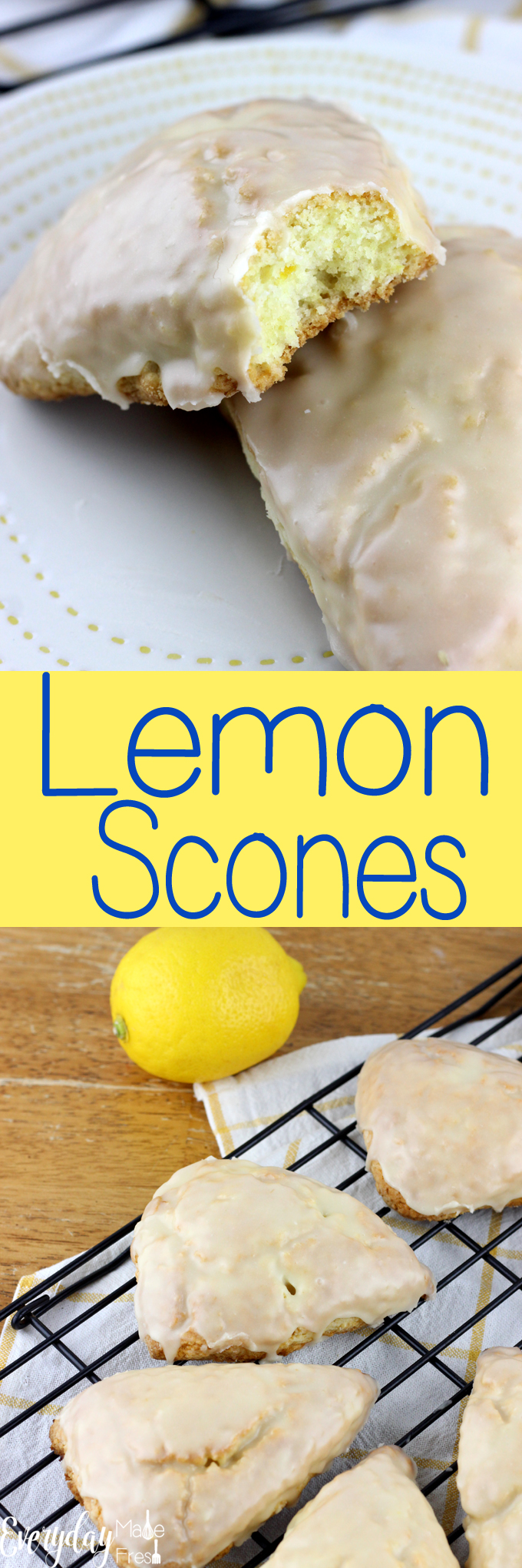 Lemon Scones are light and fluffy, bursting with lemon flavor! They are dipped in a lemon glaze that make these the perfect breakfast or snack. | EverydayMadeFresh.com