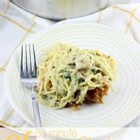 Dinner is on the table in no time with this 30 Minute Cheesy Chicken Spaghetti. It's perfect for the whole family. | EverydayMadeFresh.com