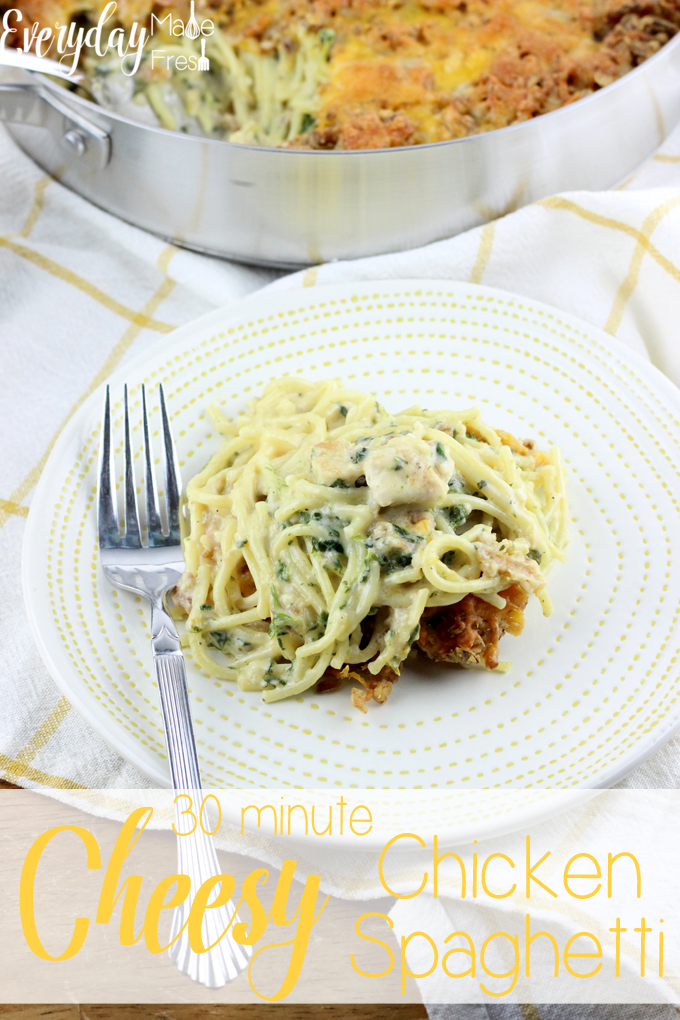 Dinner is on the table in no time with this 30 Minute Cheesy Chicken Spaghetti. It's perfect for the whole family. | EverydayMadeFresh.com