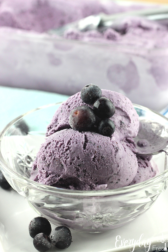 This Blueberry Ice Cream is made with fresh blueberries, and is perfectly rich and creamy. It's a great way to cool off this summer. | EverydayMadeFresh.com