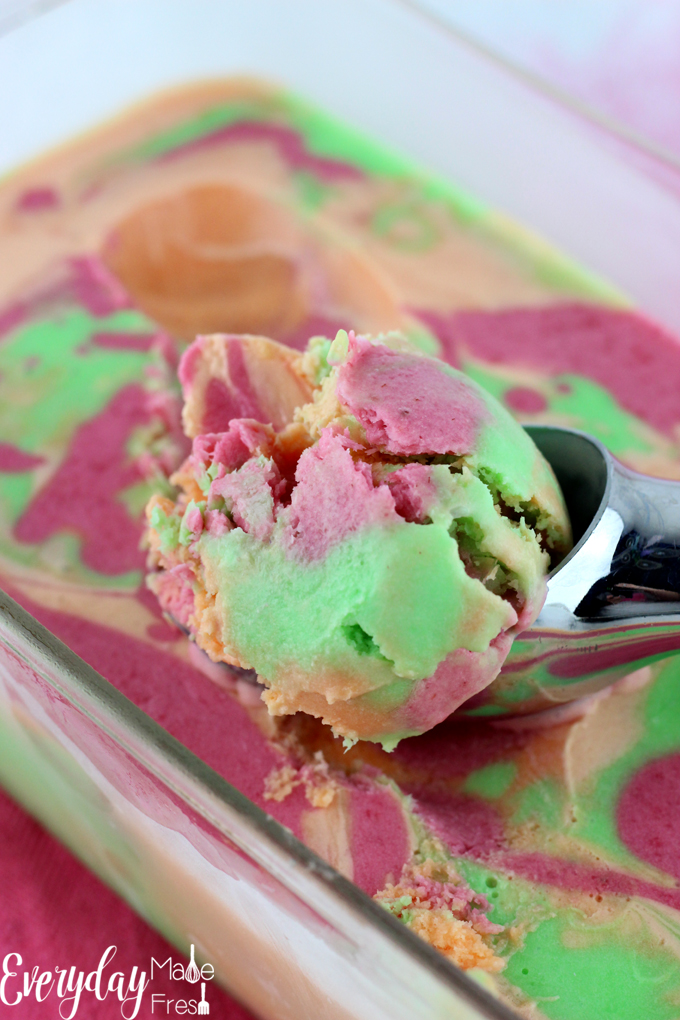 Yes, you can totally make Rainbow Sherbert at home, easily! Raspberry, orange, and lime, just like you can buy in the store, only better! | EverydayMadeFresh.com | EverydayMadeFresh.com