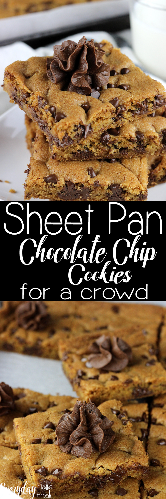 Feeding warm cookies to a crowd can sometimes take a while since you are limited to how many you can bake at one time. However, with these Sheet Pan Chocolate Chip Cookies for a Crowd, we've eliminated that problem. 24 warm cookies all on one pan! | EverydayMadeFresh.com