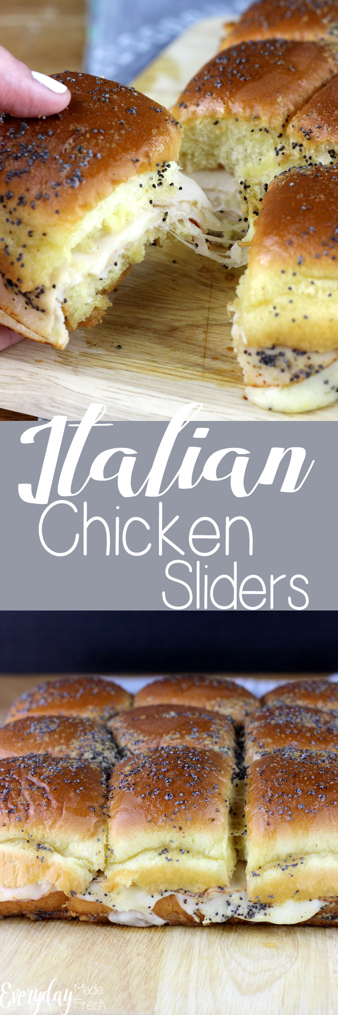 If you need to feed a crowd, these Italian Chicken Sliders are the answer. They are warm, gooey, cheesy, and loaded with flavor! | EverydayMadeFresh.com