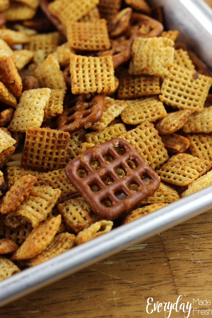 Salty, crunchy, spicy..these are what make the perfect snack mix. Spicy Ranch Chex Mix is perfect for game day munching, after school hunger, or any other time! | EverydayMadeFresh.com