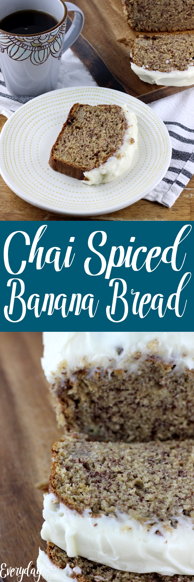 This Chai Spiced Banana Bread is perfect for breakfast, afternoon snacking, or just when you feel like it! Banana bread just got a fall makeover with the addition of warm spices and a perfect ribbon of cream cheese spread on top. | EverydayMadeFresh.com