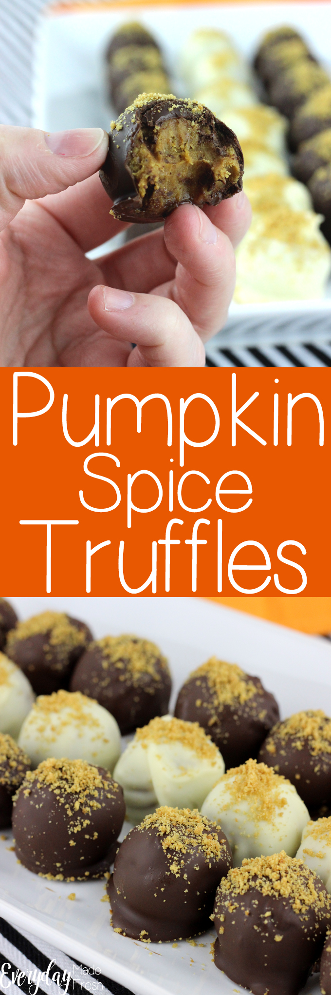 These Pumpkin Spice Truffles have creamy sweet centers enveloped inside of a dark chocolate and white chocolate candy coated shell. You won't believe how easy these are to make! | EverydayMadeFresh.com