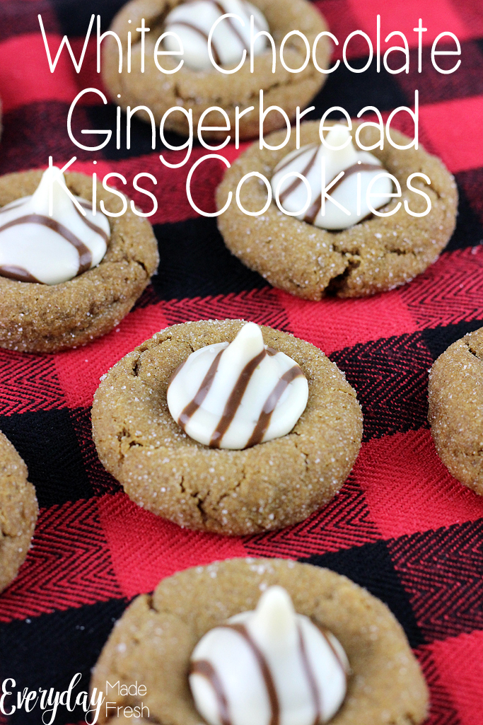 These White Chocolate Gingerbread Kiss Cookies are the cookies for those that love ginger! The white chocolate kiss candies are the perfect finishing touch! | EverydayMadeFresh.com