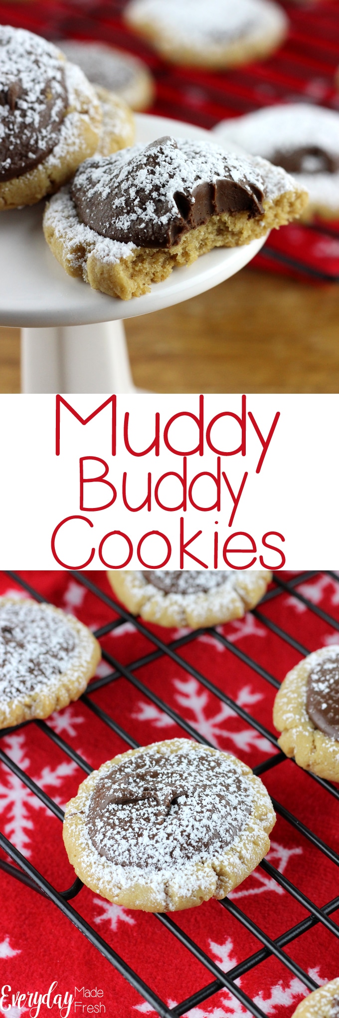 A classic peanut butter cookie with all the extras. These Muddy Buddy Cookies are filled with a creamy chocolate center and topped off with a dusting of powdered sugar. | EverydayMadeFresh.com