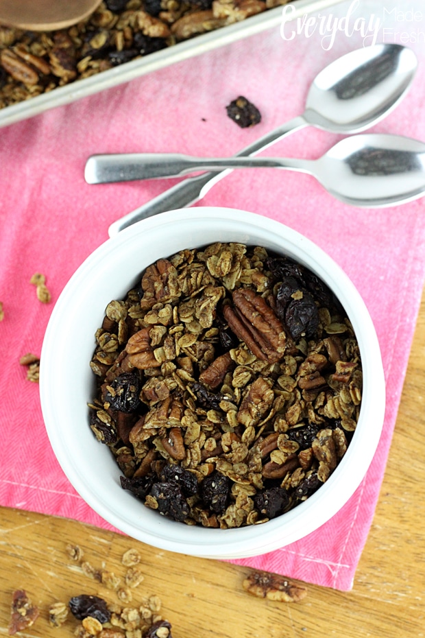 This Cherry Pecan Granola recipe is naturally sweetened with maple syrup. It's made with oats, olive oil, pecans and dried cherries. | EverydayMadeFresh.com