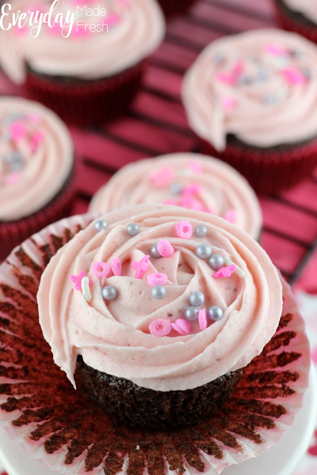 Chocolate Cupcakes with Fresh Strawberry Buttercream are made with the most moist, rich and flavorful chocolate base; topped with strawberry buttercream that's made with fresh strawberry puree.  | EverydayMadeFresh.com