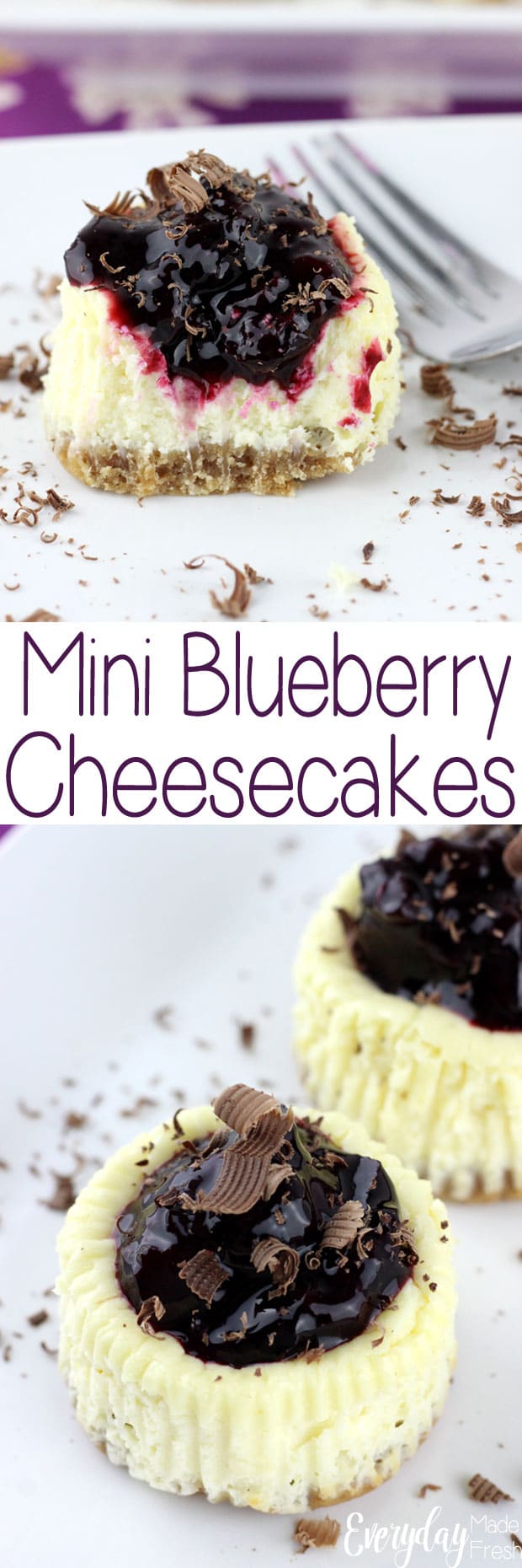 These Mini Blueberry Cheesecakes are made with Greek yogurt and low fat cream cheese, for a healthier choice. You won't even be able to taste the difference! | EverydayMadeFresh.com