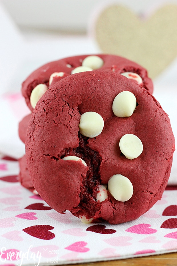 3 ingredients + chocolate chips is all you need to make these Red Velvet Cake Mix Cookies. This base recipe can be made with ANY cake mix, making cookie flavor possibilities endless. | EverydayMadeFresh.com