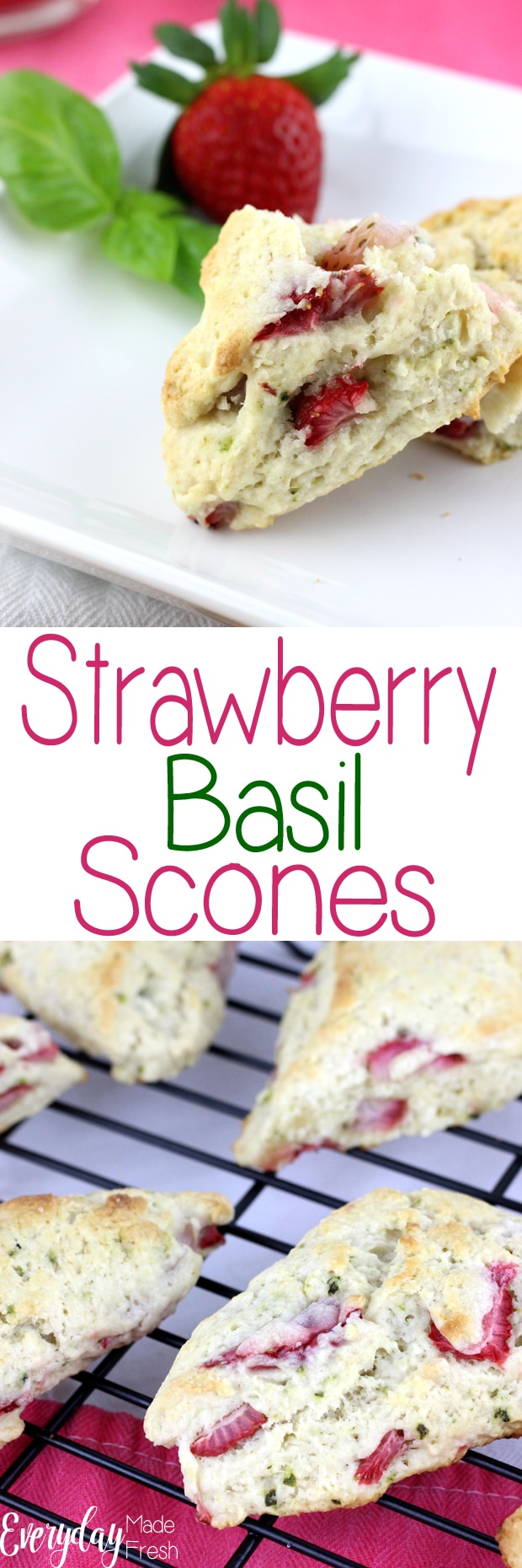 Strawberry Basil Scones have a combination that is both sweet and savory. The sweetness of the strawberry and the herbaceous of the basil pairs perfectly together. | EverydayMadeFresh.com