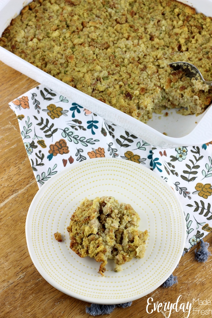 This savory Sausage Dressing uses store bought stuffing mix and a quick and easy homemade corn bread. Flavored with sage and celery, this is one of the best Thanksgiving sides that you'll ever taste.