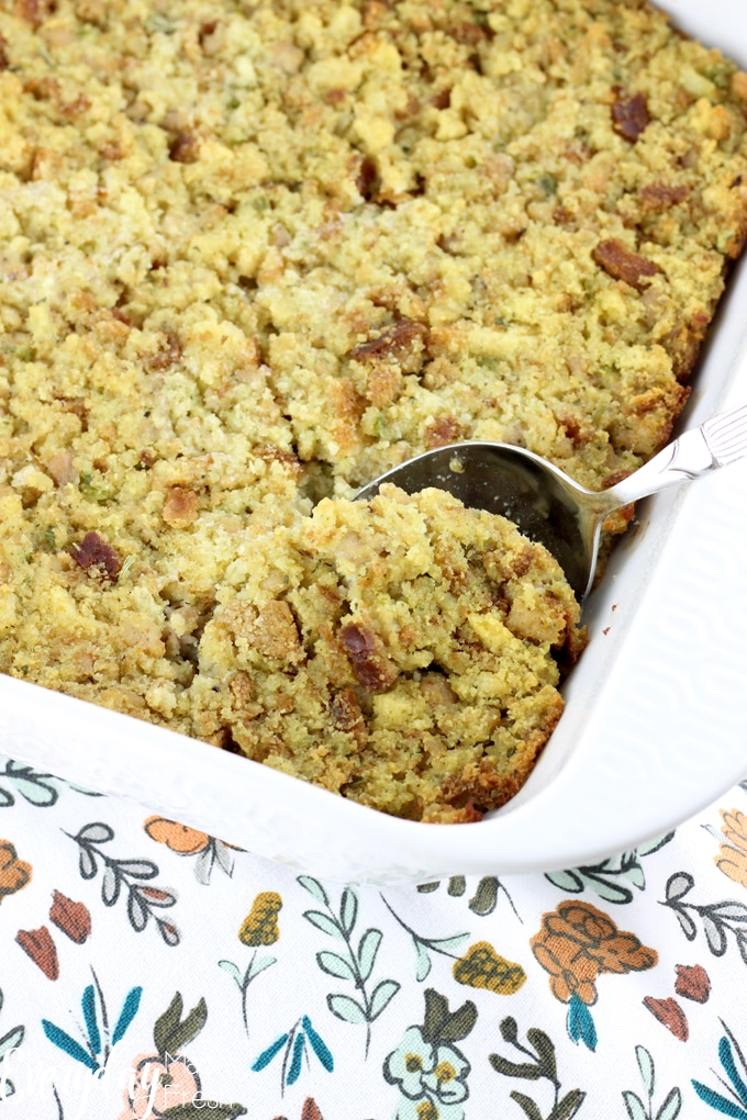 This savory Sausage Dressing uses store bought stuffing mix and a quick and easy homemade corn bread. Flavored with sage and celery, this is one of the best Thanksgiving sides that you'll ever taste.