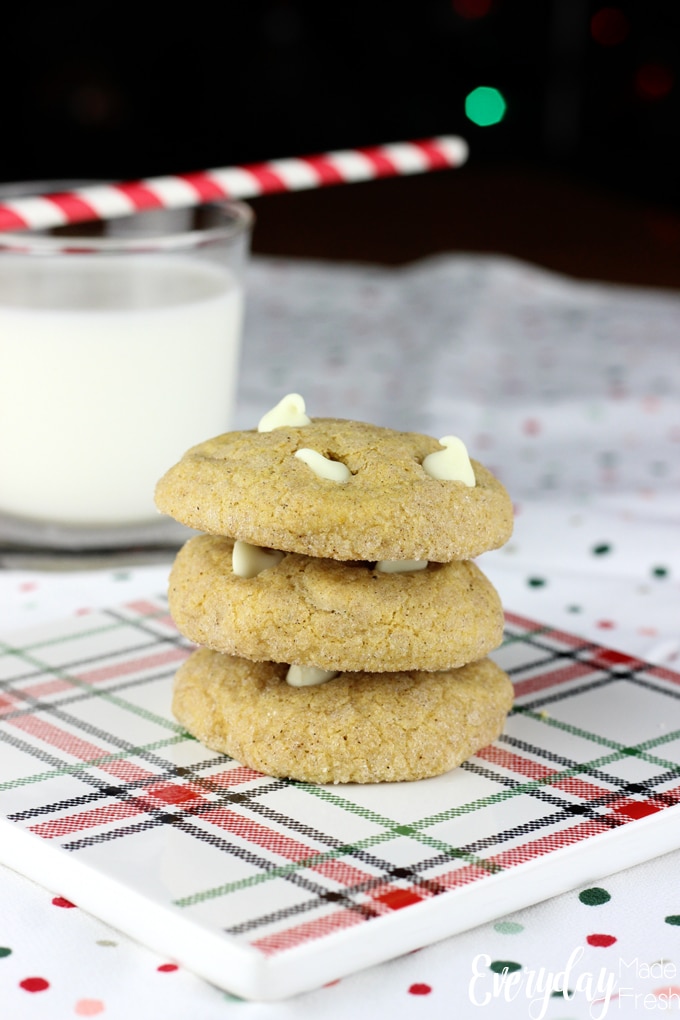 Soft and chewy, these Pumpkin Spice Snickerdoodles have just the right amount of spices. White chocolate chips mixed in give these cookies the perfect texture.