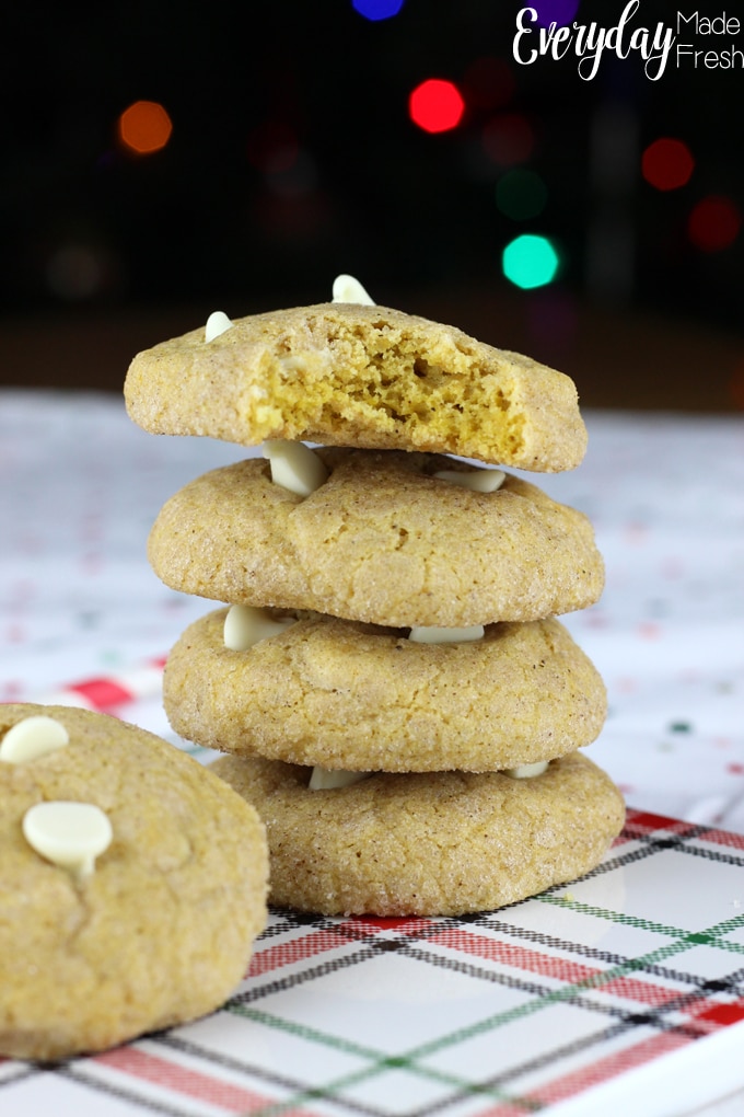 Soft and chewy, these Pumpkin Spice Snickerdoodles have just the right amount of spices. White chocolate chips mixed in give these cookies the perfect texture.