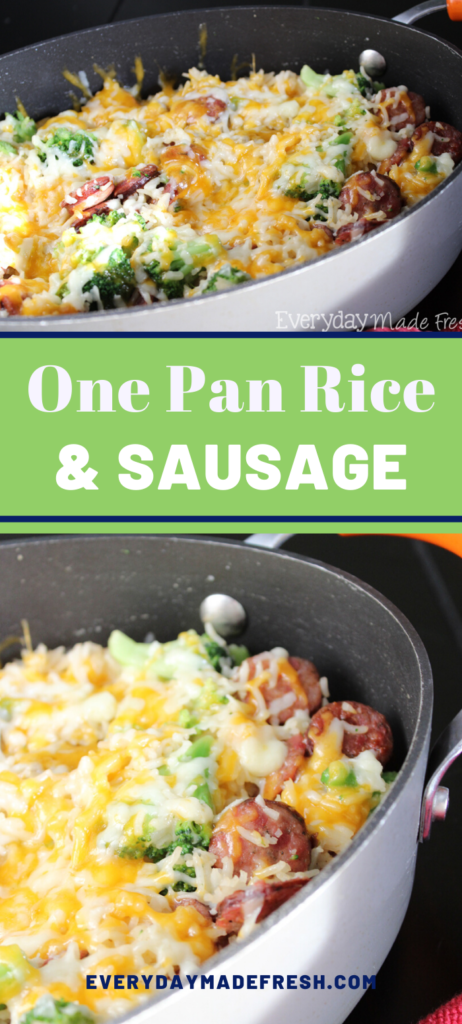Smoked sausage, sharp cheddar cheese, and broccoli come together in this family pleasing, easy clean up - One Pan Sausage Rice and Broccoli. | EverydayMadeFresh.com