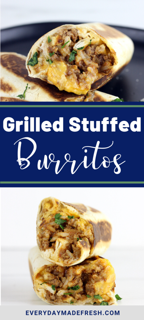 Grilled Stuffed Burritos are made with seasoned ground beef, rice, refried beans, and cheese. It's the perfect for taco Tuesday!