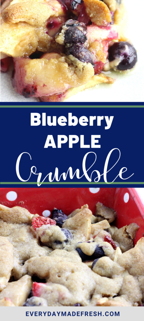 Blueberries and apple come together, baked with a sugar cookie crumble to create a blueberry apple crumble to die for!