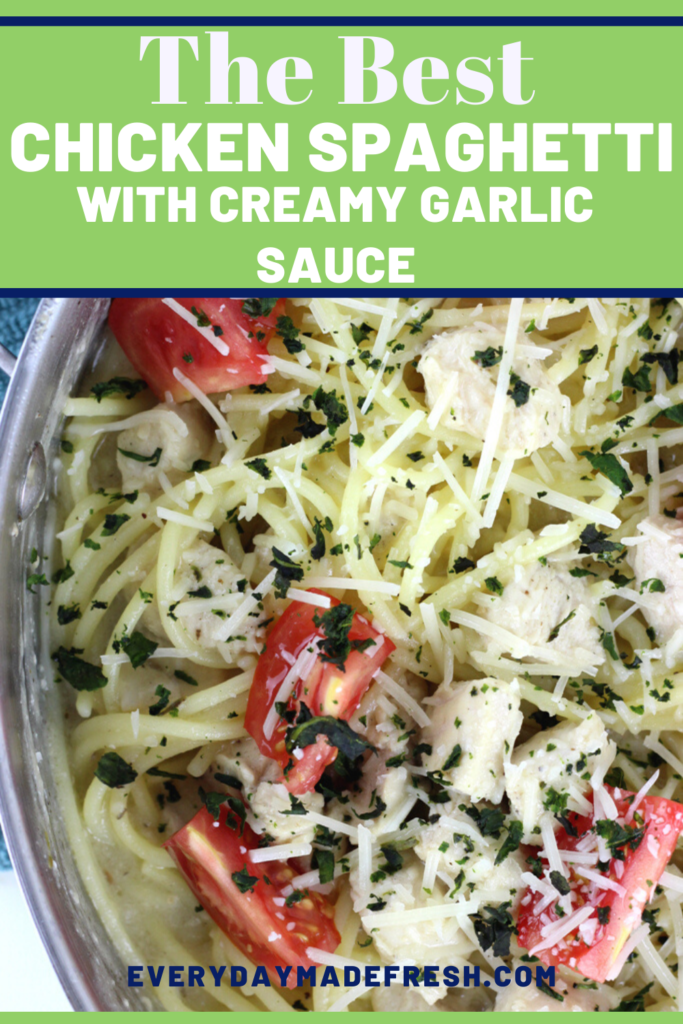 The Best Chicken Spaghetti with Creamy Garlic Sauce is a family favorite! A simple creamy garlic sauce tops spaghetti noodles and lemon and thyme seasoned chicken for a meal that everyone will love.