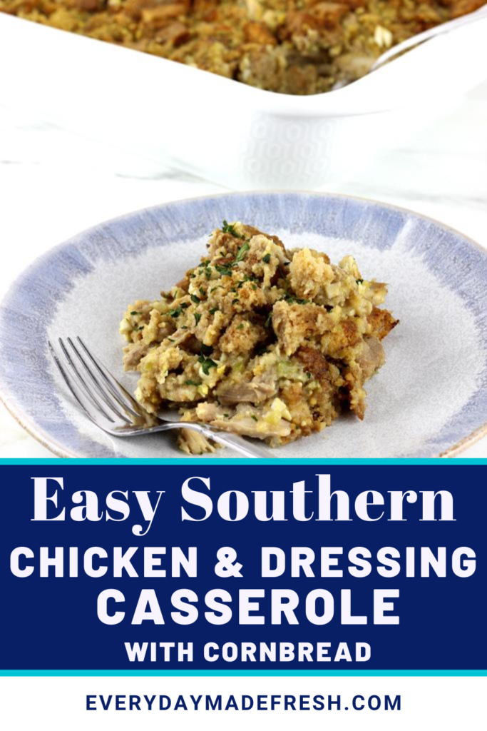 This Easy Southern Chicken and Dressing Casserole is made with shredded chicken, a traditional cornbread and is perfect served for Thanksgiving or any night of the week you're craving comfort food. This is also an excellent way to use turkey!