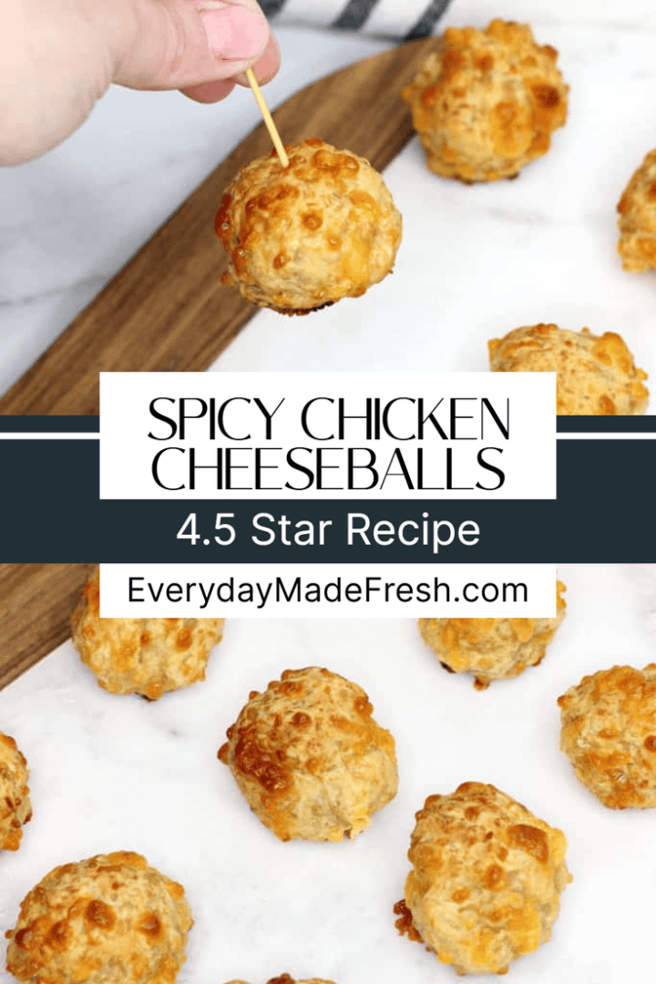 spicy chicken cheeseballs photograph for pinterest featuring two images, one with a spicy chicken cheeseball being held up with a toothpick by fingers. the other is an overhead shot of chicken cheese balls on a cutting marble and wooden dish.