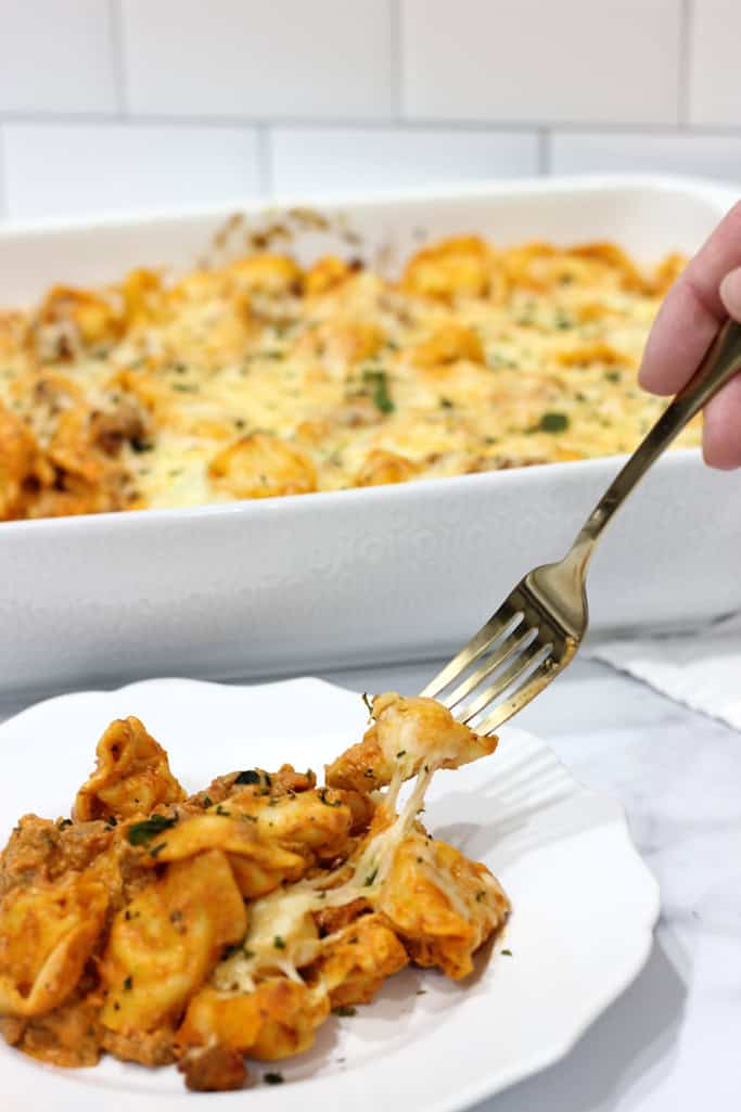 A fork is pulling a piece of pasta from a plate with the perfect cheese pull.